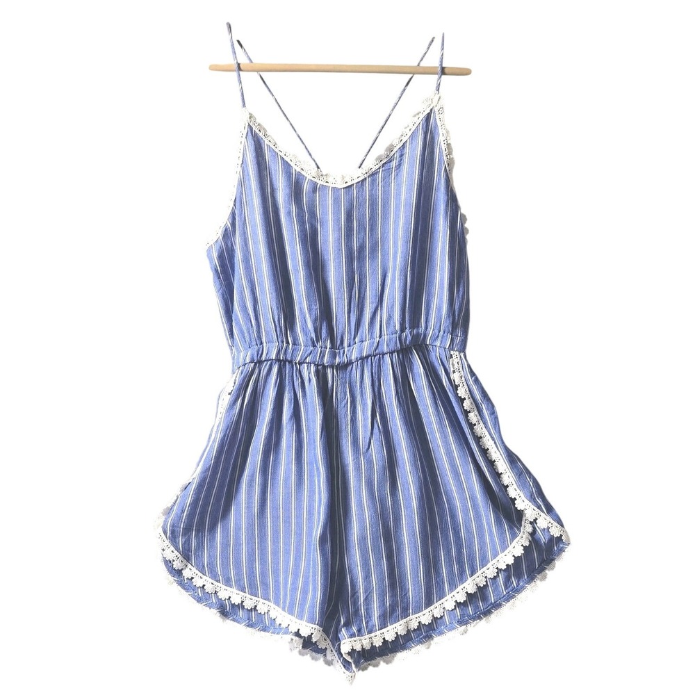 Hem‎ & Thread Blue Striped Lace Strappy Romper Sz Small Boho Chic Babydoll Beach